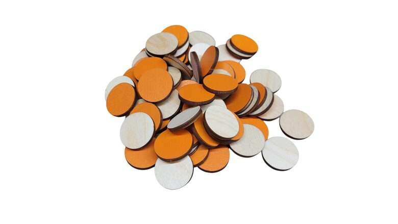 Koka apļi | 50gab. | 25mm Diametrs | Viena puse krāsota Oranža