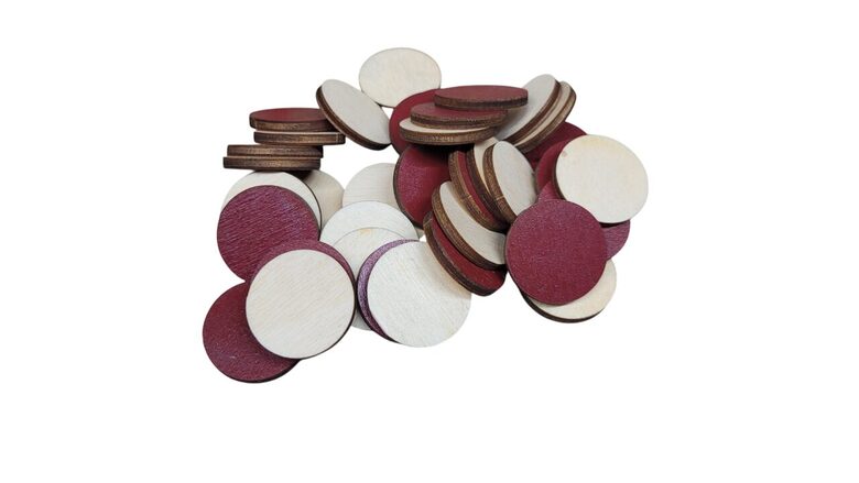 Koka apļi | 50gab. | 25mm Diametrs | Viena puse krāsota Bordo