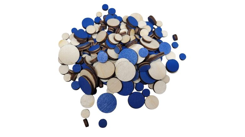 Koka aplīši "Mix" | (100gab) | 6-18mm | (Viena puse krāsota zila)