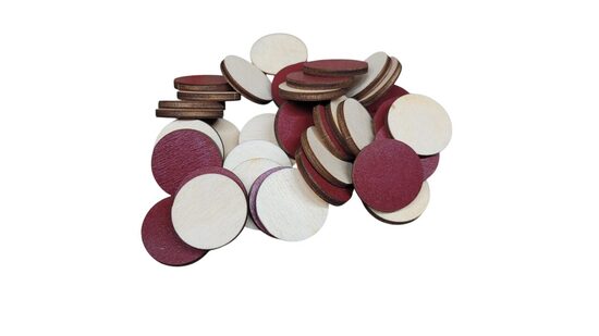 Koka apļi | 50gab. | 25mm Diametrs | Viena puse krāsota Bordo