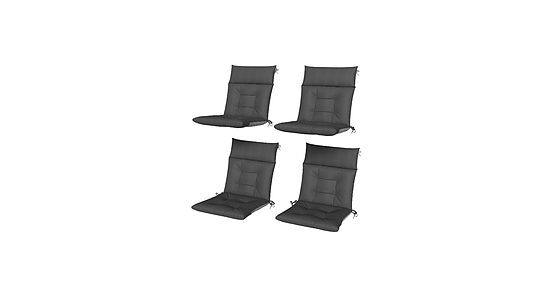 4 krēslu spilvenu komplekts | 111,5 × 53,1 × 8 cm | ūdensizturīgi, neslīdoši, ar saitēm, piemēroti iekštelpu un āra mēbelēm — tumši pelēki