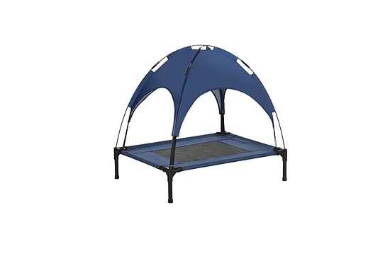 Paaugstināta suņu gulta ar nojumi — mājdzīvnieku gulta, āra suņu atpūtas gulta ar jumtu, elpojošs tafta audums, kempingam, tumši zila, 76 × 61 × 73 cm