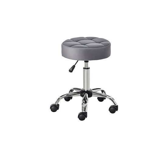 Salona krēsls ar riteņiem, regulējams augstums, grozāms, samta apdare, putu polsterējums, hromēta pamatne, gaiši pelēks, 35 × 35 × 49–61 cm